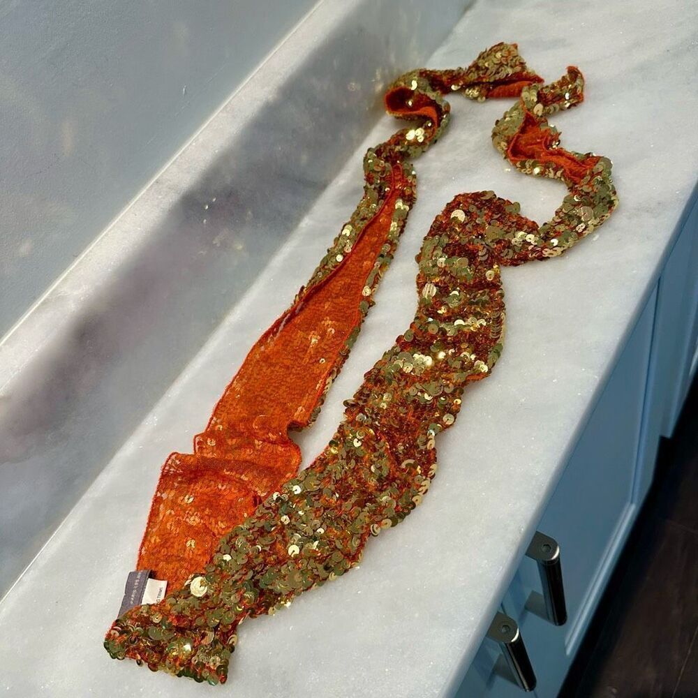 Vintage Hale Bob Golden Orange Sequin Glam Skinny Narrow Neck Tie Scarf Size 3"
